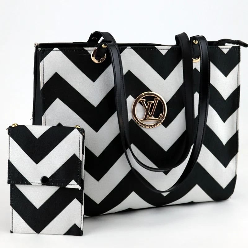 Black White Printed Tote Bag and Wallet